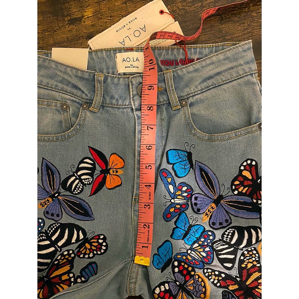 Alice + Olivia Beautiful Embroidered Butterfly Bell Jeans Pant - Picture 8 of 16
